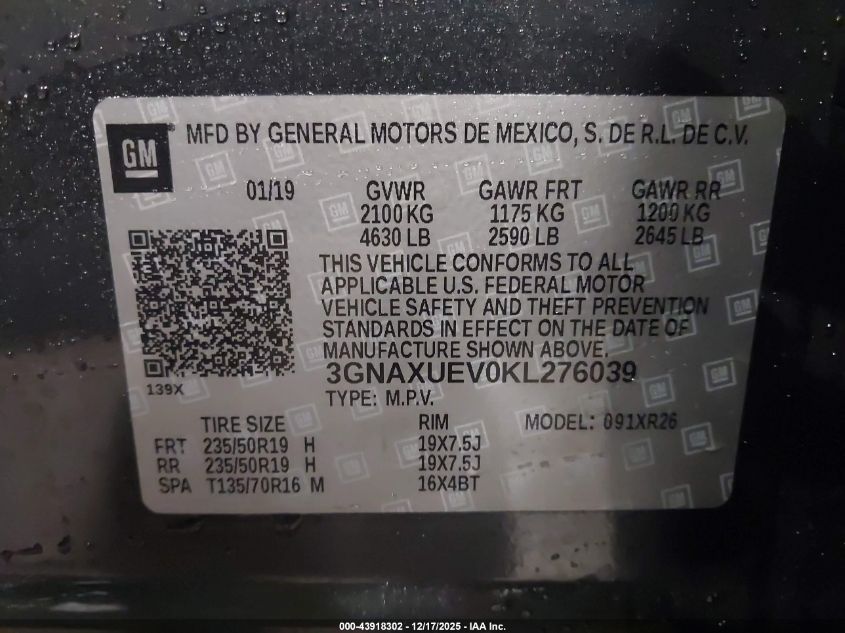 2019 Chevrolet Equinox Lt VIN: 3GNAXUEV0KL276039 Lot: 43918302