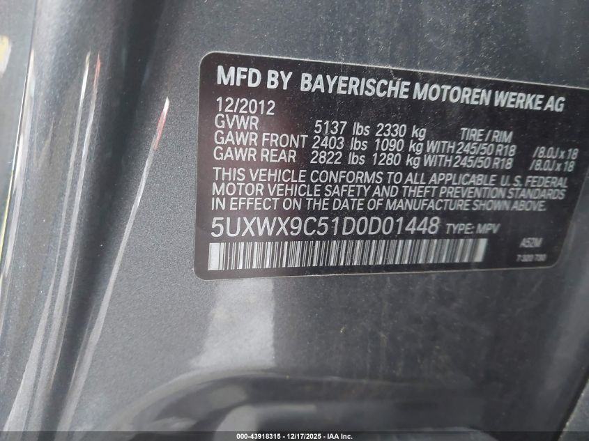 2013 BMW X3 xDrive28I VIN: 5UXWX9C51D0D01448 Lot: 43918315