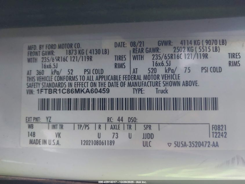 2021 Ford Transit-250 VIN: 1FTBR1C86MKA60459 Lot: 43918317
