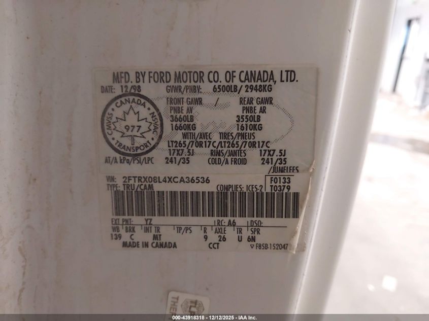 1999 Ford F-150 Lariat/Xl/Xlt VIN: 2FTRX08L4XCA36536 Lot: 43918318