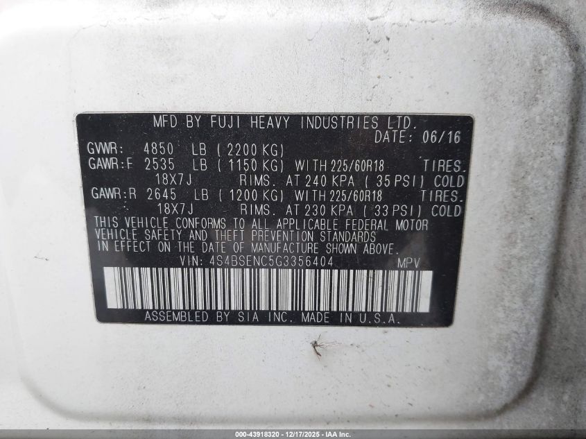 2016 Subaru Outback 3.6R Limited VIN: 4S4BSENC5G3356404 Lot: 43918320