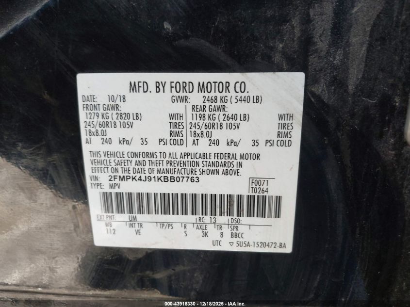 2019 Ford Edge Sel VIN: 2FMPK4J91KBB07763 Lot: 43918330