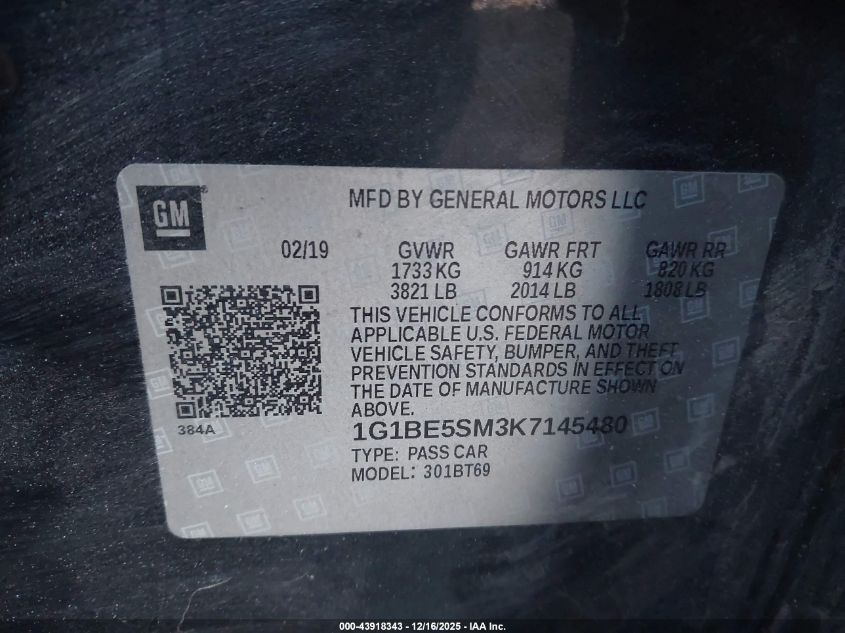 2019 Chevrolet Cruze Lt VIN: 1G1BE5SM3K7145480 Lot: 43918343