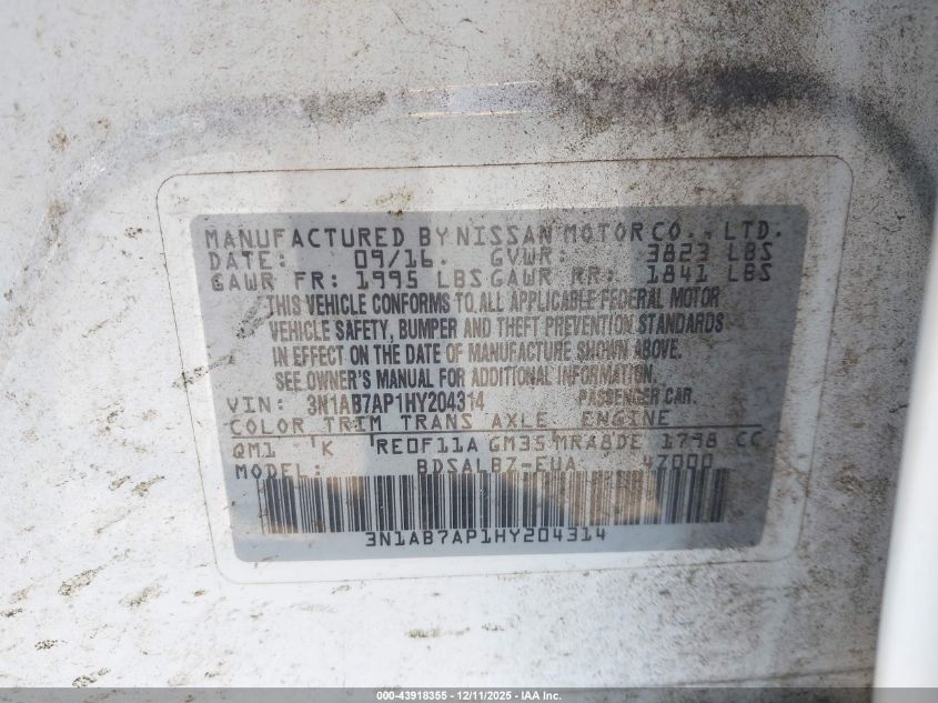 2017 Nissan Sentra S VIN: 3N1AB7AP1HY204314 Lot: 43918355