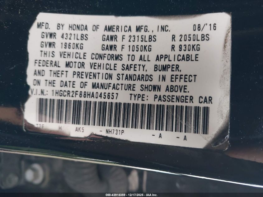 2017 Honda Accord Ex-L VIN: 1HGCR2F88HA045657 Lot: 43918359