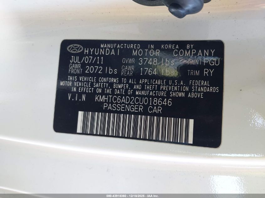 2012 Hyundai Veloster Base W/Gray VIN: KMHTC6AD2CU018646 Lot: 43918360