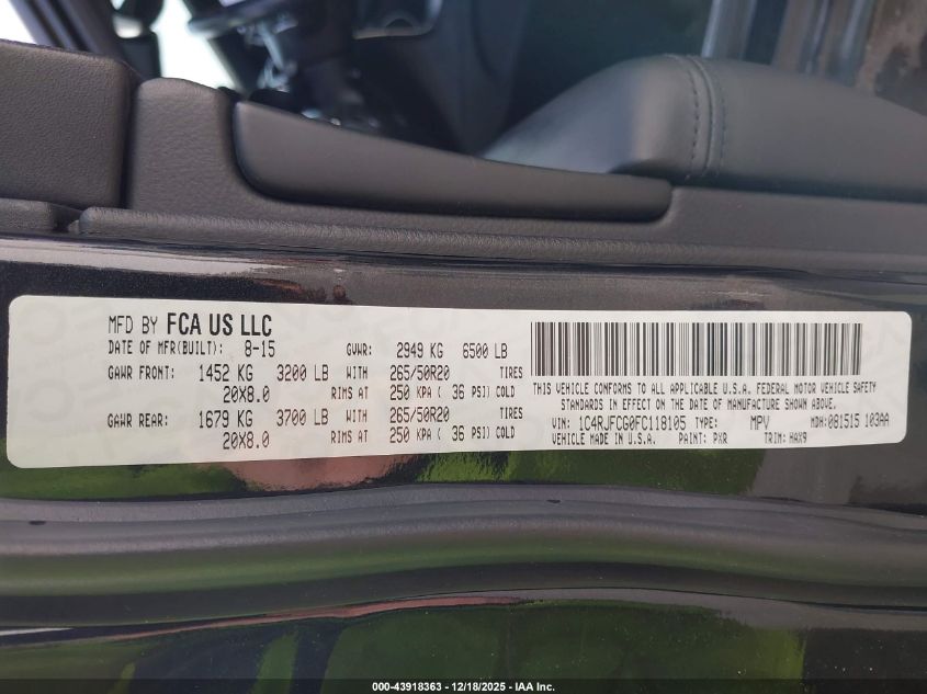 2015 Jeep Grand Cherokee High Altitude VIN: 1C4RJFCG0FC118105 Lot: 43918363