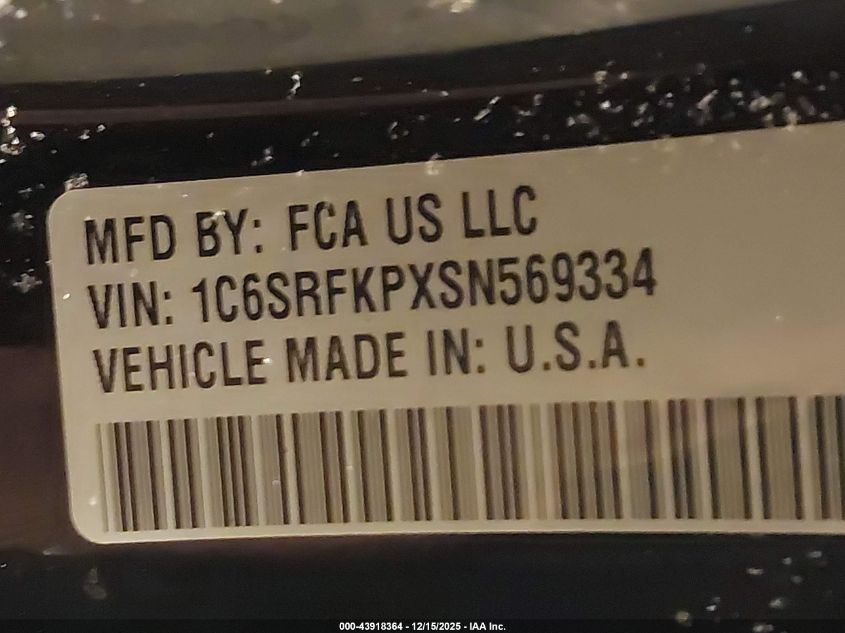2025 Ram 1500 Tungsten 4X4 5'7 Box VIN: 1C6SRFKPXSN569334 Lot: 43918364
