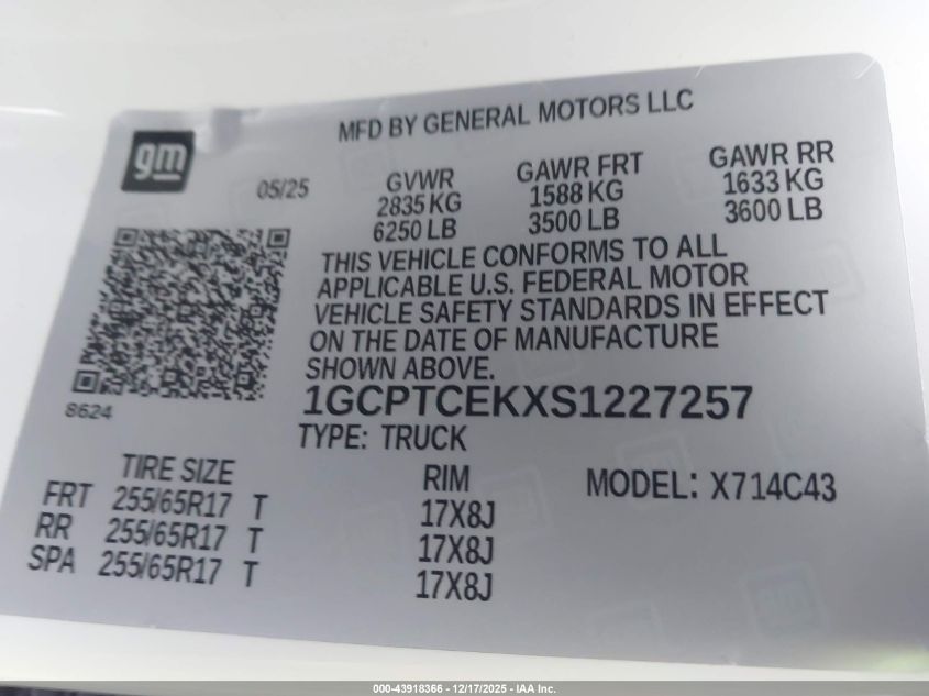 2025 Chevrolet Colorado 4Wd Lt VIN: 1GCPTCEKXS1227257 Lot: 43918366