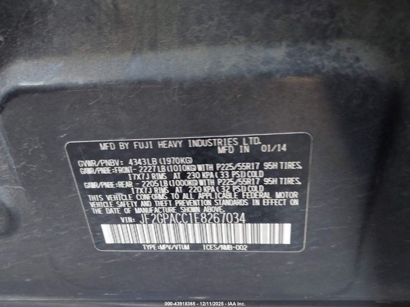 2014 Subaru Xv Crosstrek 2.0I Premium VIN: JF2GPACC1E8267034 Lot: 43918365