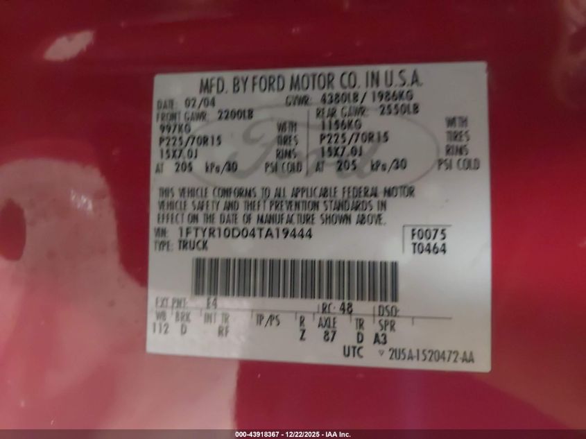 2004 Ford Ranger Xl/Xlt VIN: 1FTYR10D04TA19444 Lot: 43918367