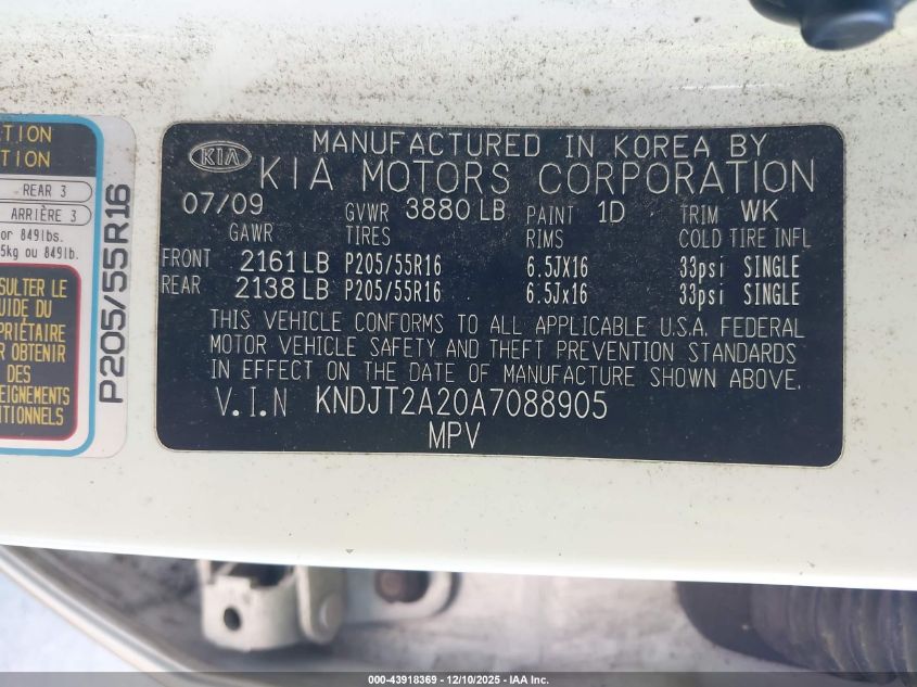 2010 Kia Soul + VIN: KNDJT2A20A7088905 Lot: 43918369