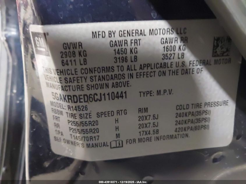 2012 Buick Enclave Premium VIN: 5GAKRDED6CJ110441 Lot: 43918371