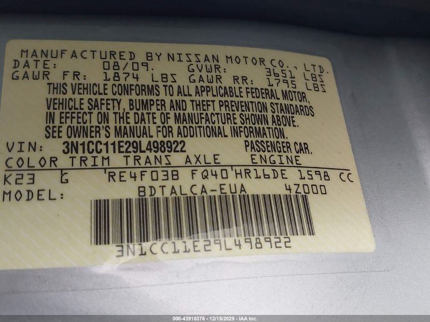 2009 Nissan Versa 1.6 VIN: 3N1CC11E29L498922 Lot: 43918376