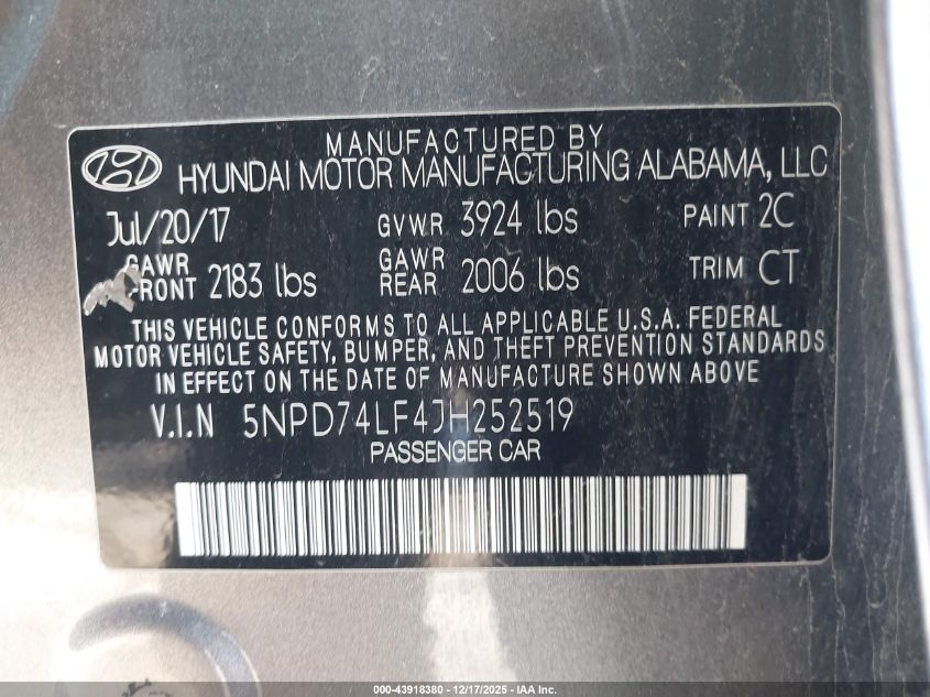 2018 Hyundai Elantra Se VIN: 5NPD74LF4JH252519 Lot: 43918380
