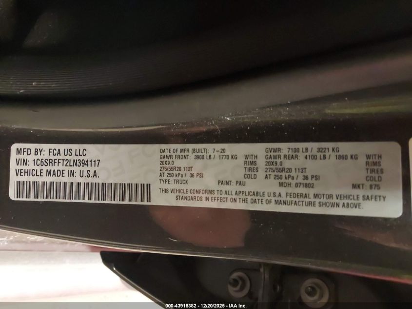 2020 Ram 1500 Big Horn 4X4 5'7 Box VIN: 1C6SRFFT2LN394117 Lot: 43918382