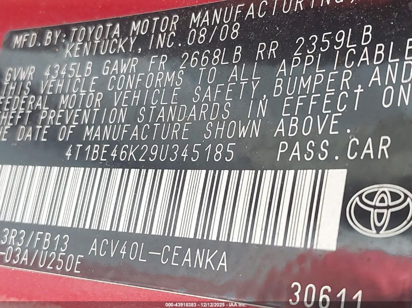 2009 Toyota Camry Le VIN: 4T1BE46K29U345185 Lot: 43918383