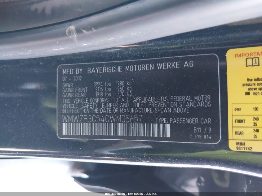 2012 Mini Cooper Countryman VIN: WMWZB3C54CWM05657 Lot: 43918386