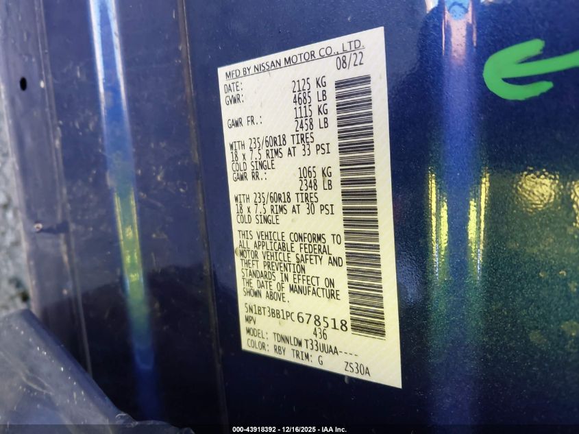 2023 Nissan Rogue Sv Intelligent Awd VIN: 5N1BT3BB1PC678518 Lot: 43918392