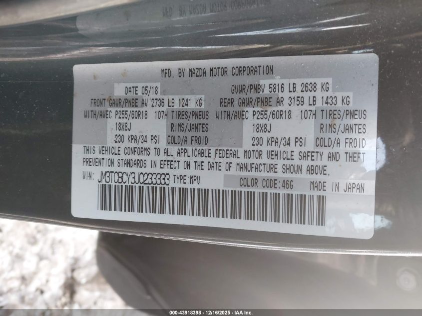 2018 Mazda Cx-9 Touring VIN: JM3TCBCY3J0233333 Lot: 43918398