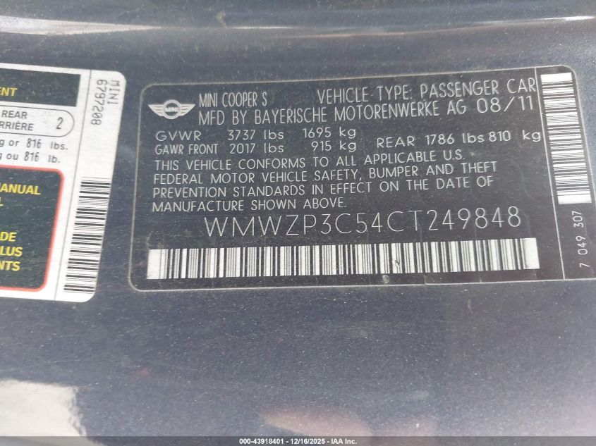 2012 Mini Cooper S VIN: WMWZP3C54CT249848 Lot: 43918401
