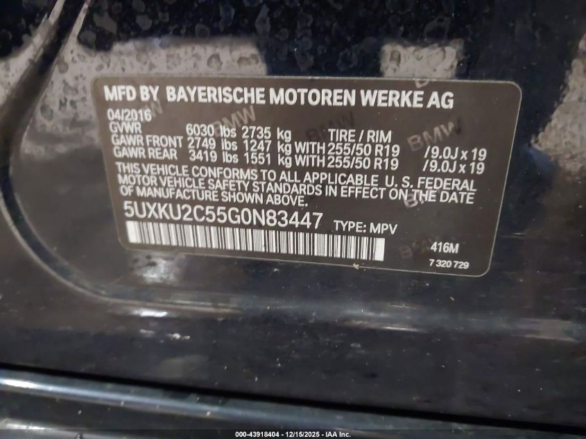 2016 BMW X6 xDrive35I VIN: 5UXKU2C55G0N83447 Lot: 43918404