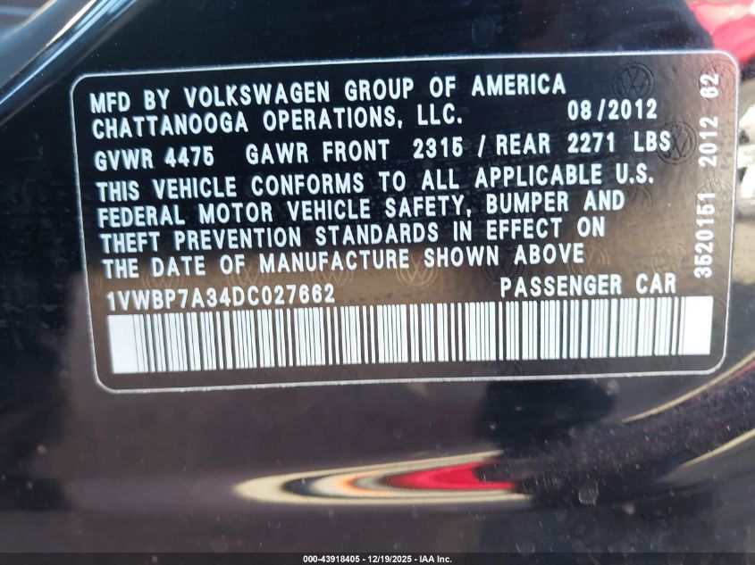 2013 Volkswagen Passat 2.5L Se VIN: 1VWBP7A34DC027662 Lot: 43918405