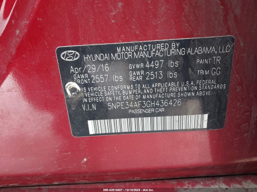 2016 Hyundai Sonata Sport VIN: 5NPE34AF3GH436426 Lot: 43918407