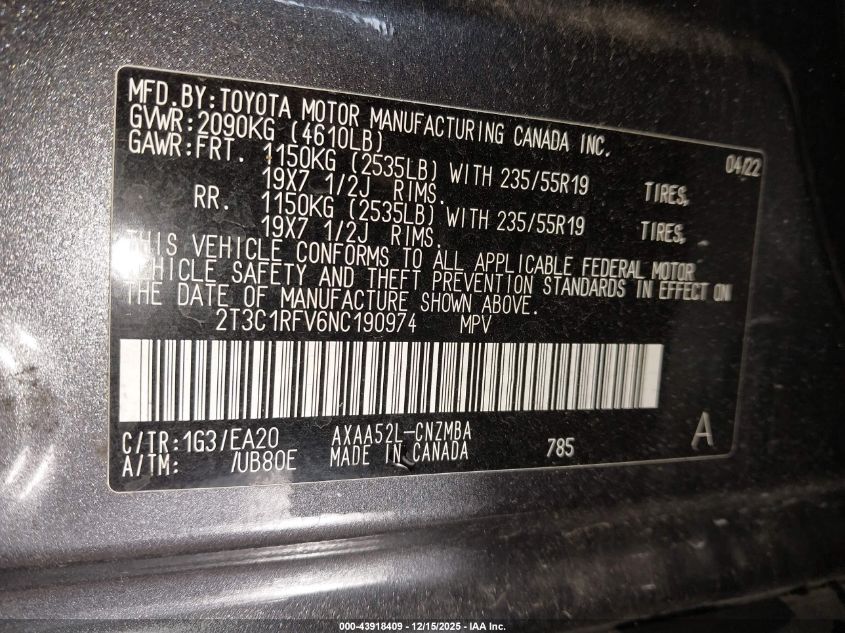 2022 Toyota Rav4 Xle Premium VIN: 2T3C1RFV6NC190974 Lot: 43918409