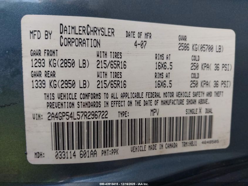 2007 Chrysler Town & Country Touring VIN: 2A4GP54L57R296722 Lot: 43918415