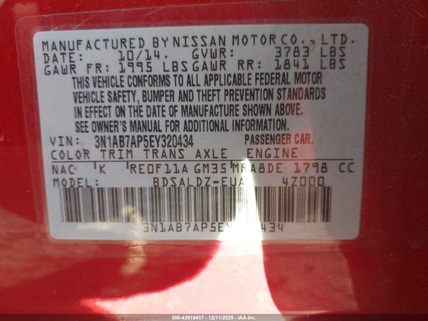 2014 Nissan Sentra Sv VIN: 3N1AB7AP5EY320434 Lot: 43918417