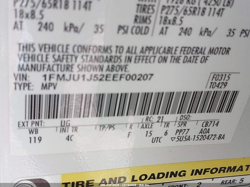 2014 Ford Expedition Xlt VIN: 1FMJU1J52EEF00207 Lot: 43918429