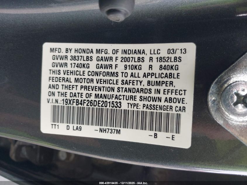 2013 Honda Civic Hybrid VIN: 19XFB4F26DE201533 Lot: 43918435