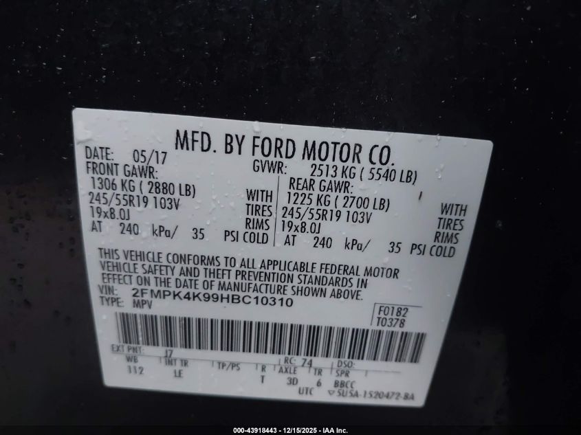 2017 Ford Edge Titanium VIN: 2FMPK4K99HBC10310 Lot: 43918443