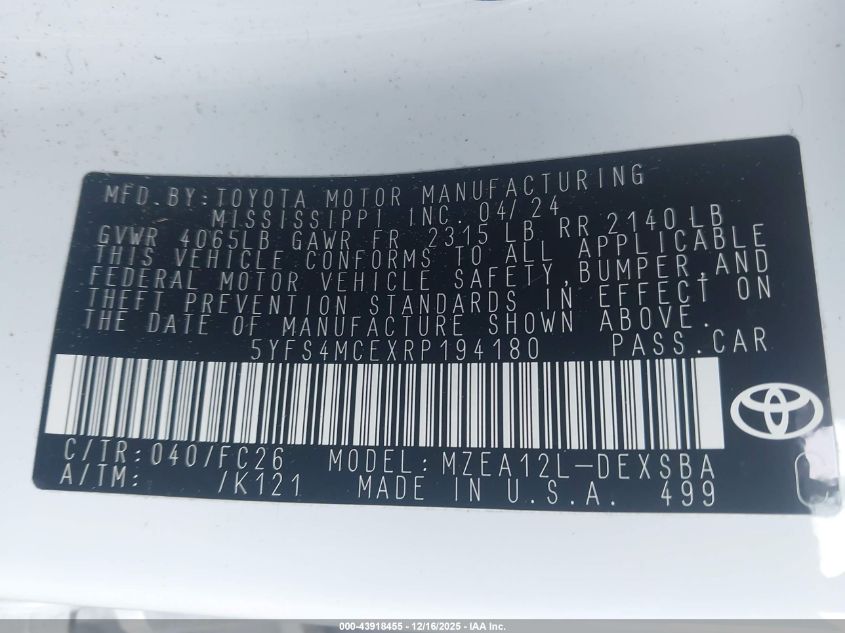 2024 Toyota Corolla Se/Night Shade VIN: 5YFS4MCEXRP194180 Lot: 43918455