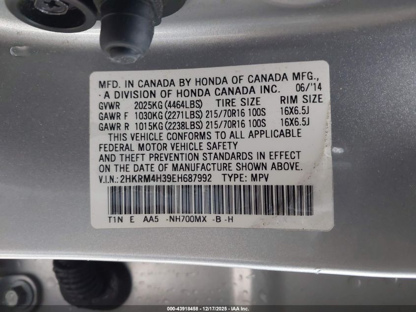 2014 Honda Cr-V Lx VIN: 2HKRM4H39EH687992 Lot: 43918458