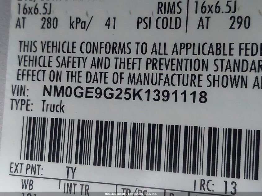 2019 Ford Transit Connect Titanium VIN: NM0GE9G25K1391118 Lot: 43918460