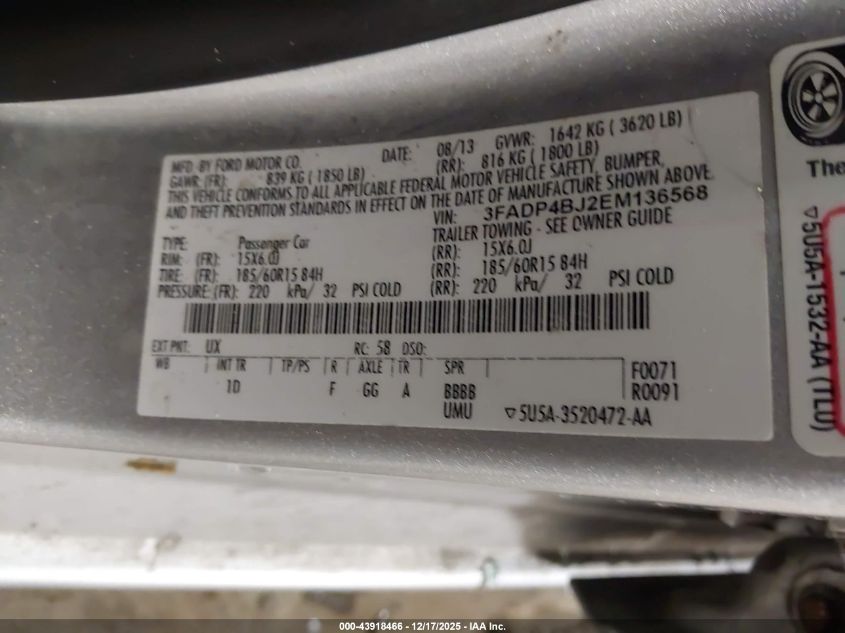 2014 Ford Fiesta Se VIN: 3FADP4BJ2EM136568 Lot: 43918466