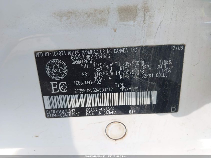 2009 Toyota Rav4 Sport V6 VIN: 2T3BK32V69W001742 Lot: 43918469