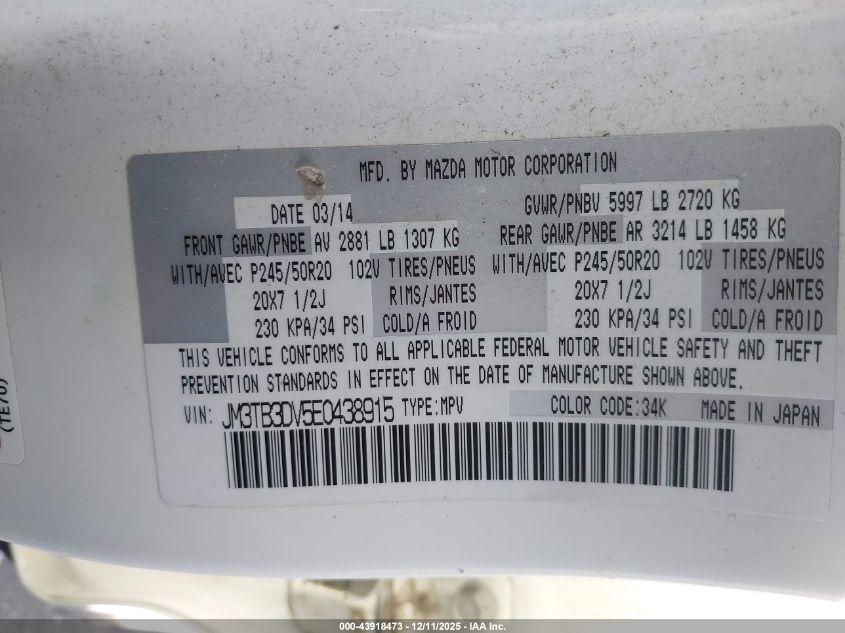 2014 Mazda Cx-9 Grand Touring VIN: JM3TB3DV5E0438915 Lot: 43918473