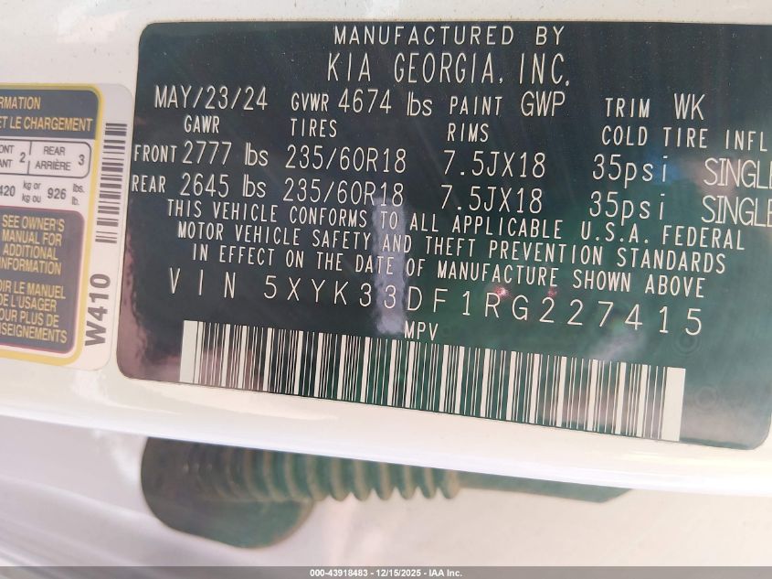 2024 Kia Sportage Ex VIN: 5XYK33DF1RG227415 Lot: 43918483