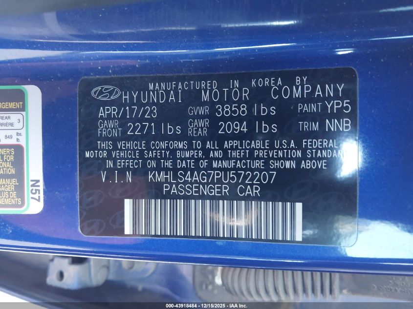 2023 Hyundai Elantra Sel VIN: KMHLS4AG7PU572207 Lot: 43918484