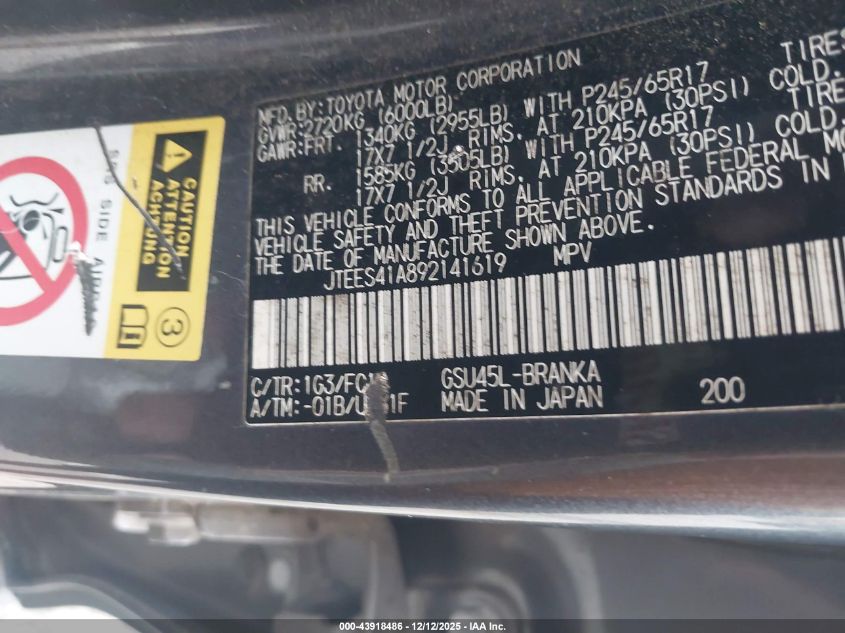 2009 Toyota Highlander VIN: JTEES41A892141619 Lot: 43918486