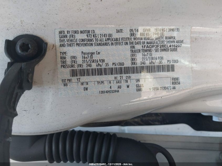 2014 Ford Focus Se VIN: 1FADP3F28EL416297 Lot: 43918492