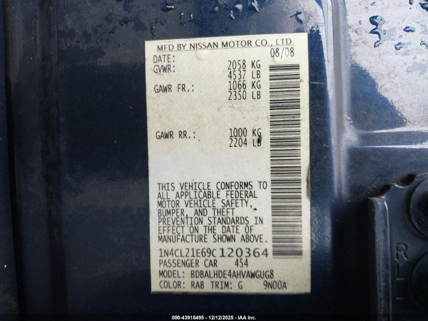 2009 Nissan Altima Hybrid VIN: 1N4CL21E69C120364 Lot: 43918495