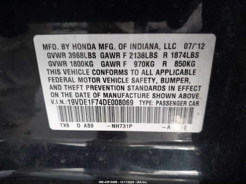 2013 Acura Ilx 2.0L VIN: 19VDE1F74DE008069 Lot: 43918496