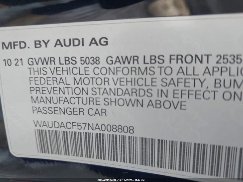 2022 Audi A5 Sportback Premium 45 Tfsi S Line Quattro S Tronic VIN: WAUDACF57NA008808 Lot: 43918498
