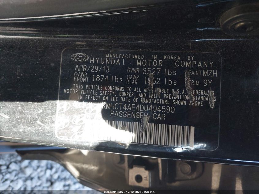 2013 Hyundai Accent Gls VIN: KMHCT4AE4DU494590 Lot: 43918507