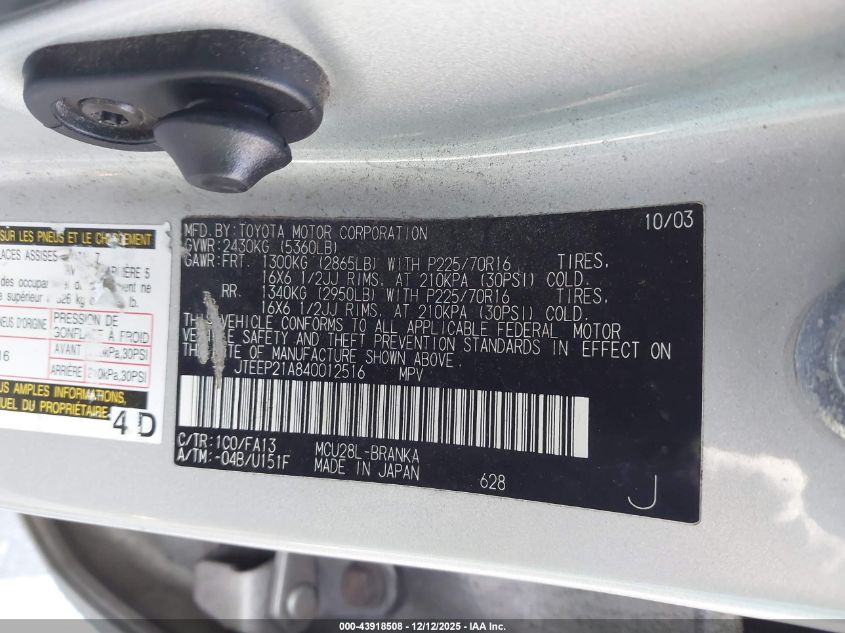 2004 Toyota Highlander V6 VIN: JTEEP21A840012516 Lot: 43918508