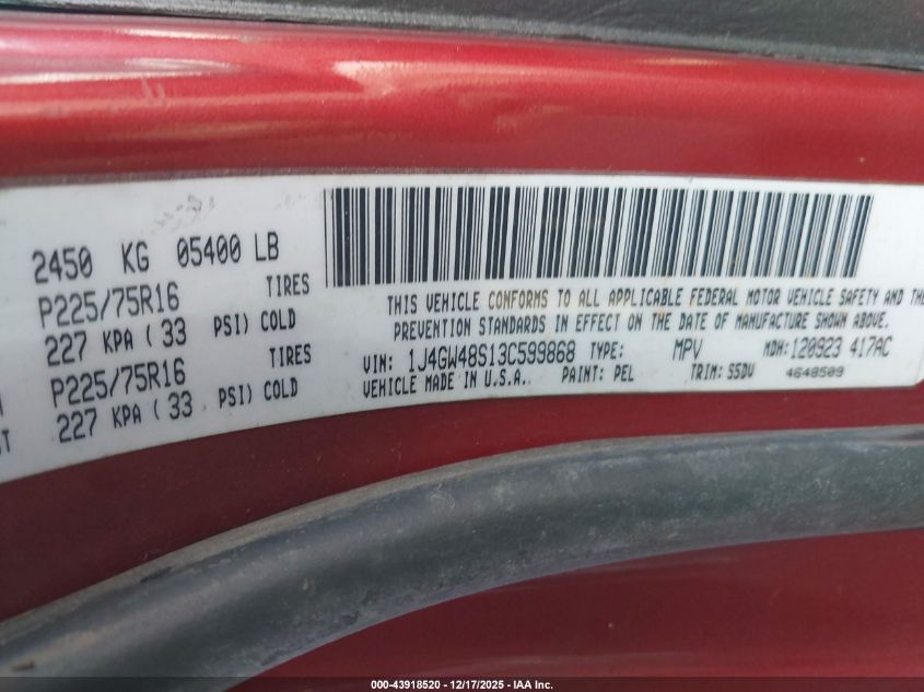 2003 Jeep Grand Cherokee Laredo VIN: 1J4GW48S13C599868 Lot: 43918520